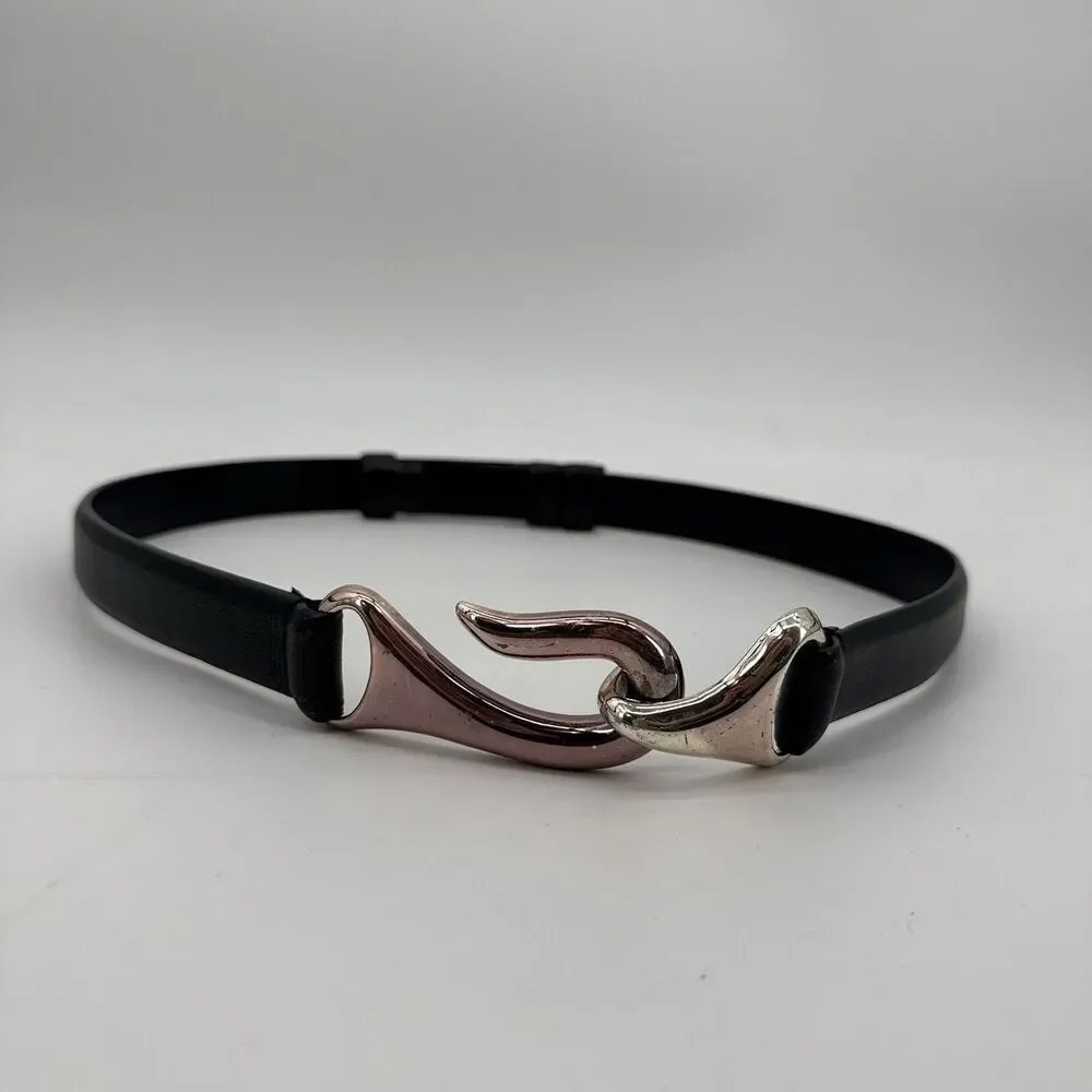 Chicos Black Leather Belt Two Tone Hook Closure Size S/M Classic India